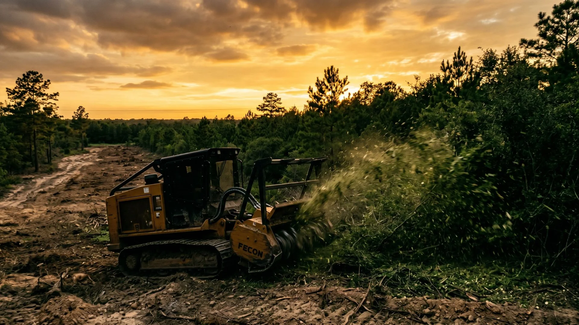 Forestry mulcher clearing brush on Houston Texas acreage at golden hour