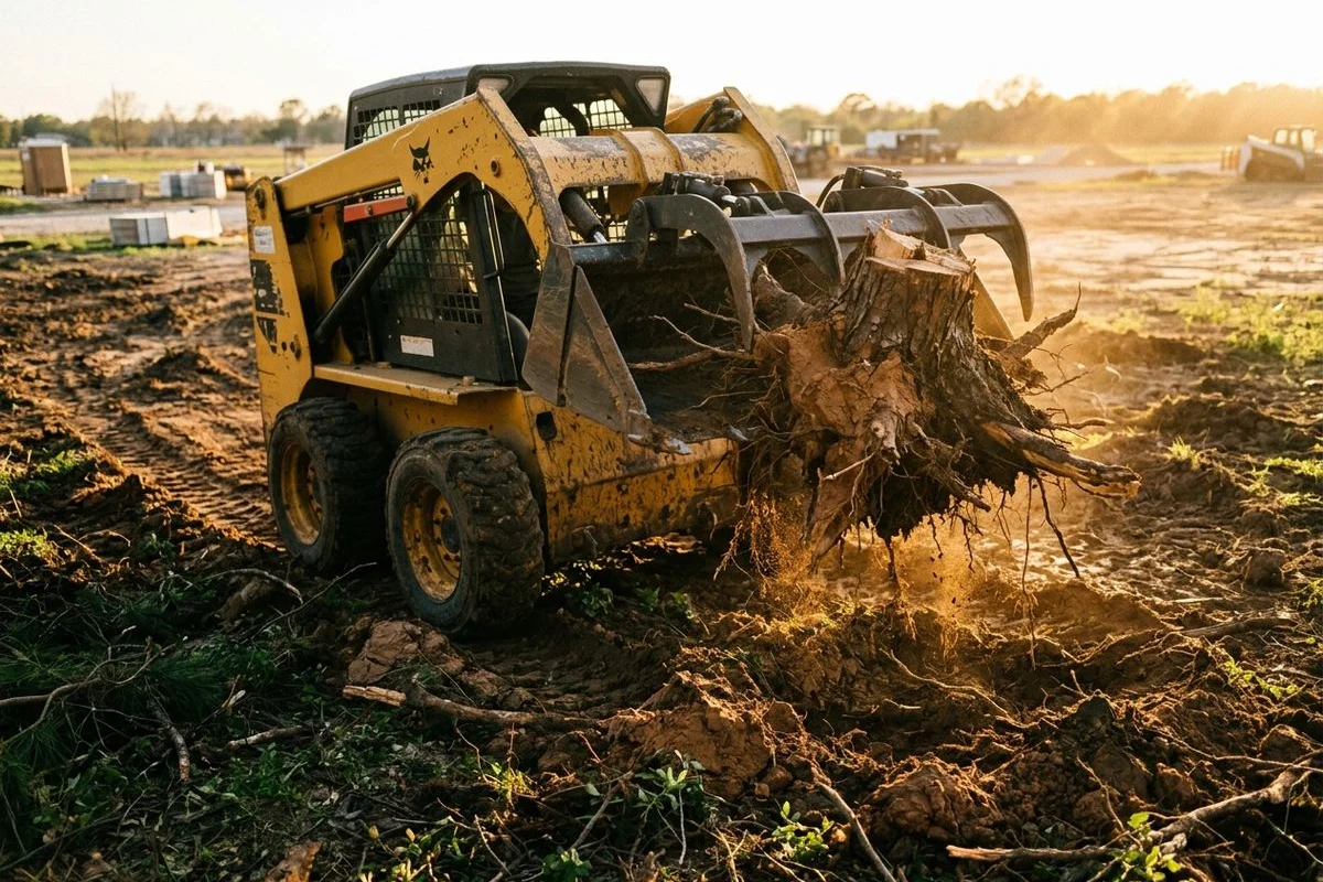 Skid steer grubbing stumps on cleared Houston build pad
